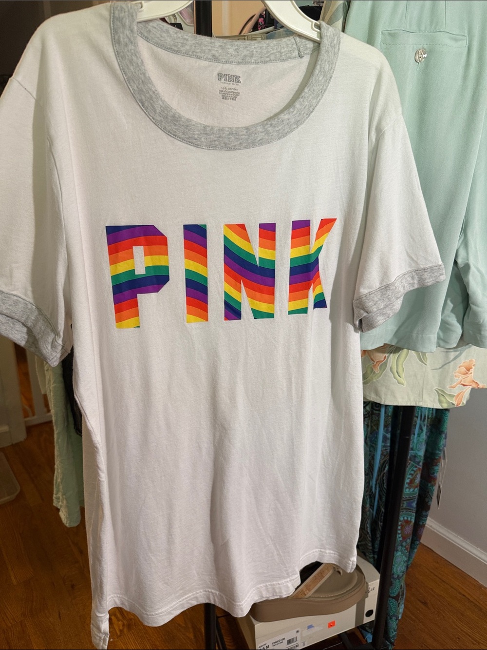 PINK Victoria's Secret White Ringer Tee with Rainbow Logo